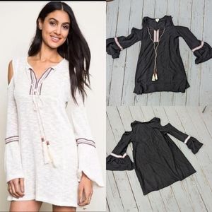 Hayden Black Cold Shoulder Semi Sheer Knit Boho Festival Bell Sleeve Mini Dress